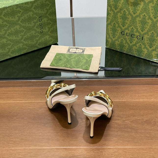 GG HIGH SLINGBACK 10.5 CM IN WHITE GLOSSY CALFSKIN WITH GOLD HARDWARE