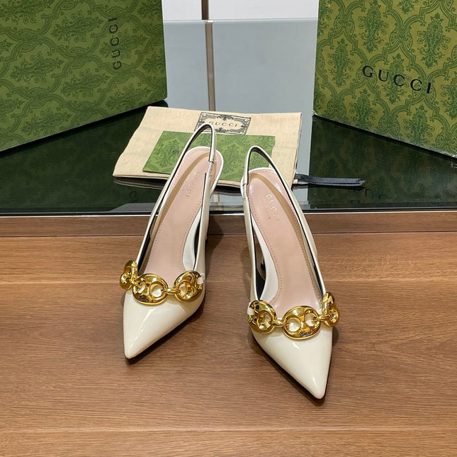 GG HIGH SLINGBACK 10.5 CM IN WHITE GLOSSY CALFSKIN WITH GOLD HARDWARE