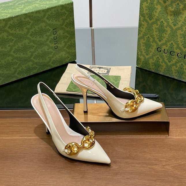 GG HIGH SLINGBACK 10.5 CM IN WHITE GLOSSY CALFSKIN WITH GOLD HARDWARE