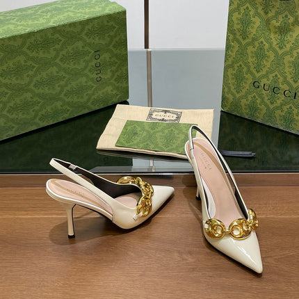 GG HIGH SLINGBACK 10.5 CM IN WHITE GLOSSY CALFSKIN WITH GOLD HARDWARE