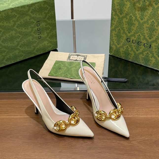 GG HIGH SLINGBACK 10.5 CM IN WHITE GLOSSY CALFSKIN WITH GOLD HARDWARE
