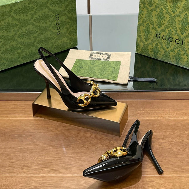 GG HIGH SLINGBACK 10.5 CM IN BLACK GLOSSY CALFSKIN WITH GOLD HARDWARE