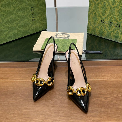 GG HIGH SLINGBACK 10.5 CM IN BLACK GLOSSY CALFSKIN WITH GOLD HARDWARE