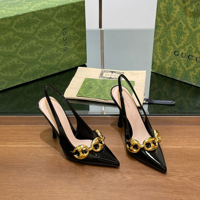 GG HIGH SLINGBACK 10.5 CM IN BLACK GLOSSY CALFSKIN WITH GOLD HARDWARE