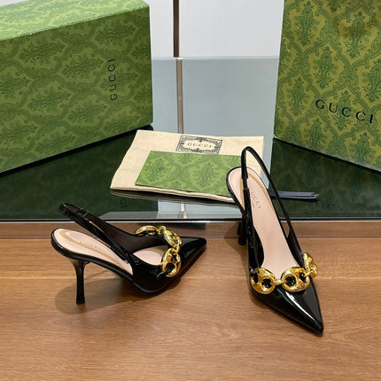 GG HIGH SLINGBACK 10.5 CM IN BLACK GLOSSY CALFSKIN WITH GOLD HARDWARE