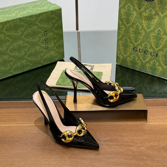 GG HIGH SLINGBACK 10.5 CM IN BLACK GLOSSY CALFSKIN WITH GOLD HARDWARE