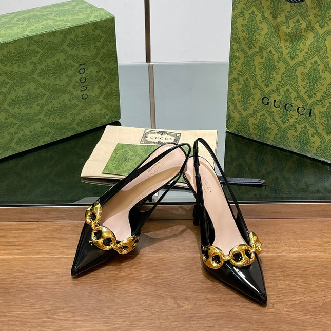 GG HIGH SLINGBACK 10.5 CM IN BLACK GLOSSY CALFSKIN WITH GOLD HARDWARE
