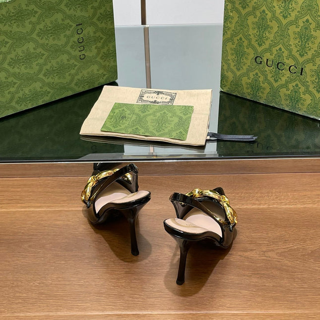 GG HIGH SLINGBACK 10.5 CM IN BLACK GLOSSY CALFSKIN WITH GOLD HARDWARE