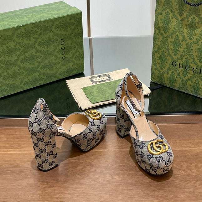 GG HIGH SANDAL 11.5 CM IN BLACK MIX BEIGE MONOGRAM JACQUARD FABRIC