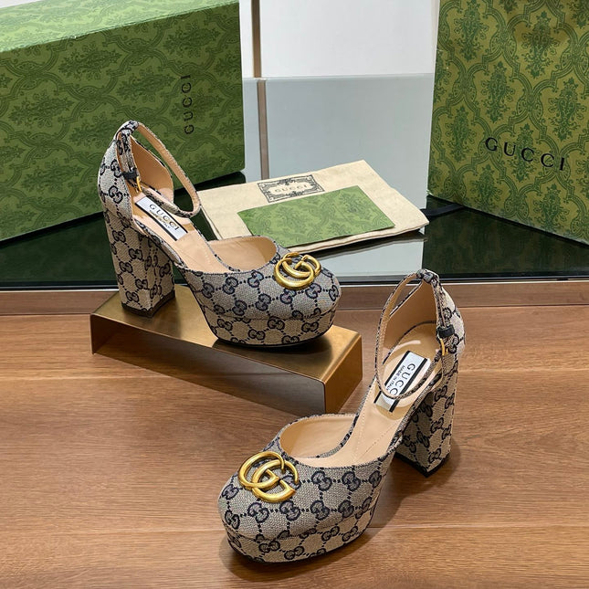 GG HIGH SANDAL 11.5 CM IN BLACK MIX BEIGE MONOGRAM JACQUARD FABRIC