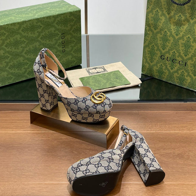 GG HIGH SANDAL 11.5 CM IN BLACK MIX BEIGE MONOGRAM JACQUARD FABRIC