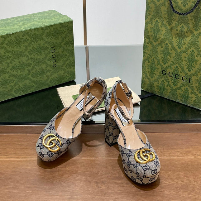 GG HIGH SANDAL 11.5 CM IN BLACK MIX BEIGE MONOGRAM JACQUARD FABRIC