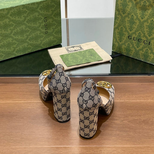 GG HIGH SANDAL 11.5 CM IN BLACK MIX BEIGE MONOGRAM JACQUARD FABRIC