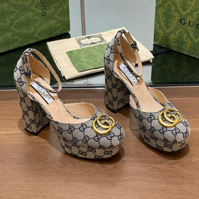 GG HIGH SANDAL 11.5 CM IN BLACK MIX BEIGE MONOGRAM JACQUARD FABRIC