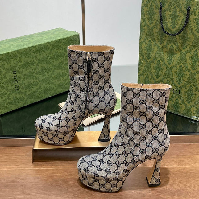 GG SHORT BOOTS 11.5 CM IN BLACK MIX BEIGE MONOGRAM JACQUARD FABRIC