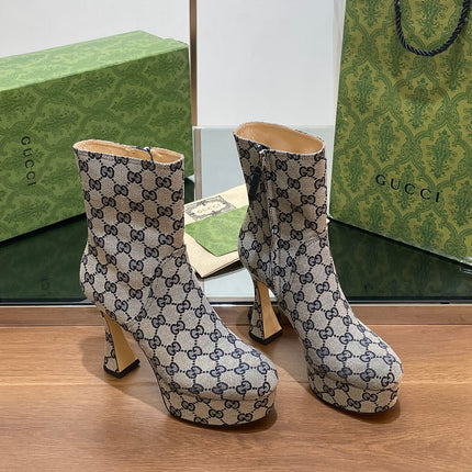 GG SHORT BOOTS 11.5 CM IN BLACK MIX BEIGE MONOGRAM JACQUARD FABRIC