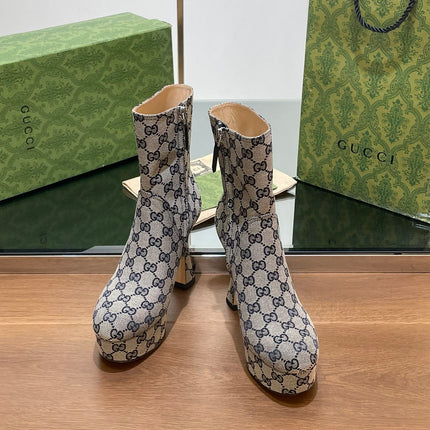 GG SHORT BOOTS 11.5 CM IN BLACK MIX BEIGE MONOGRAM JACQUARD FABRIC