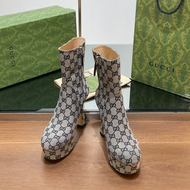 GG SHORT BOOTS 11.5 CM IN BLACK MIX BEIGE MONOGRAM JACQUARD FABRIC