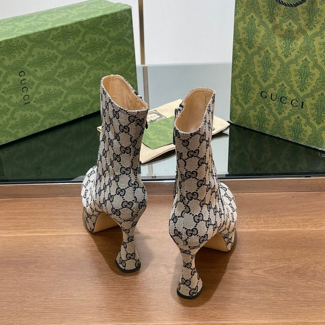 GG SHORT BOOTS 11.5 CM IN BLACK MIX BEIGE MONOGRAM JACQUARD FABRIC