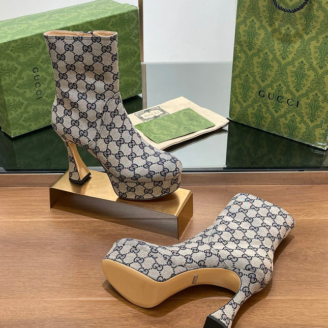 GG SHORT BOOTS 11.5 CM IN BLACK MIX BEIGE MONOGRAM JACQUARD FABRIC