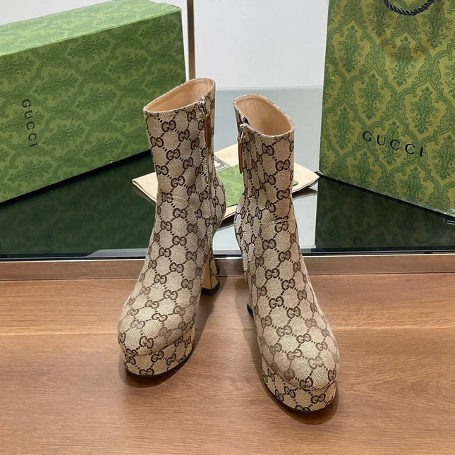GG SHORT BOOTS 11.5 CM IN CAMEL BROWN MONOGRAM JACQUARD FABRIC