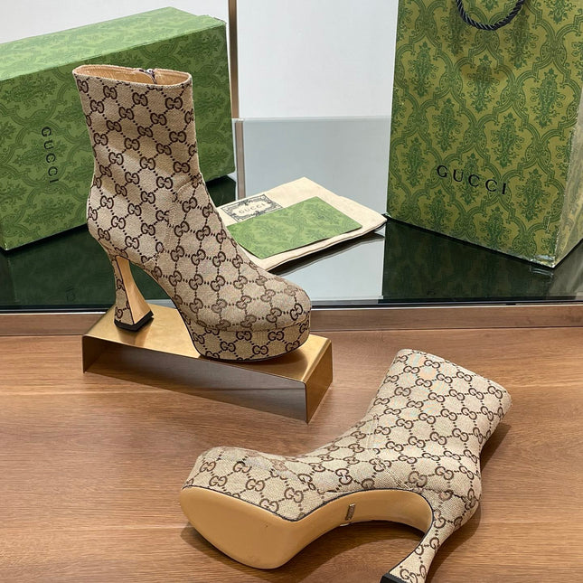 GG SHORT BOOTS 11.5 CM IN CAMEL BROWN MONOGRAM JACQUARD FABRIC