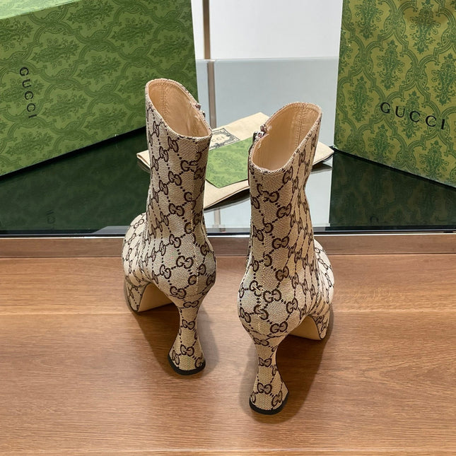GG SHORT BOOTS 11.5 CM IN CAMEL BROWN MONOGRAM JACQUARD FABRIC
