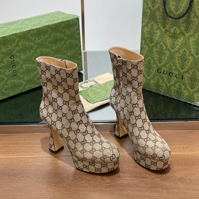 GG SHORT BOOTS 11.5 CM IN CAMEL BROWN MONOGRAM JACQUARD FABRIC