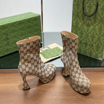 GG SHORT BOOTS 11.5 CM IN CAMEL BROWN MONOGRAM JACQUARD FABRIC