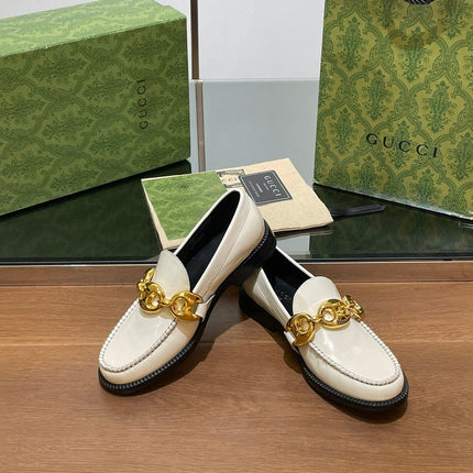 GG LOAFER SHOES IN WHITE CALFSKIN WITH GOLD HARDWARE