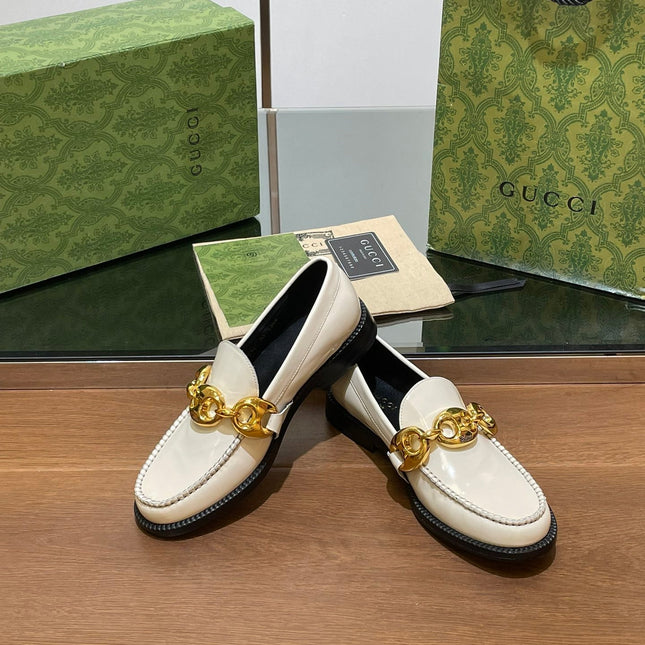 GG LOAFER SHOES IN WHITE CALFSKIN WITH GOLD HARDWARE