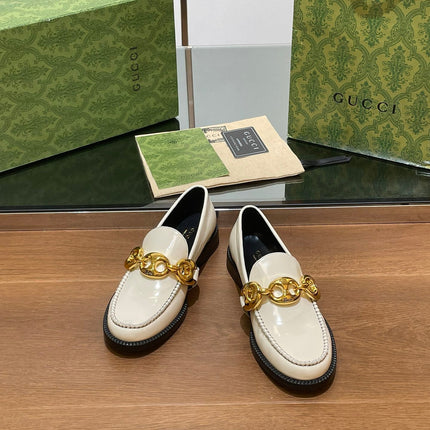 GG LOAFER SHOES IN WHITE CALFSKIN WITH GOLD HARDWARE