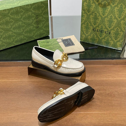 GG LOAFER SHOES IN WHITE CALFSKIN WITH GOLD HARDWARE