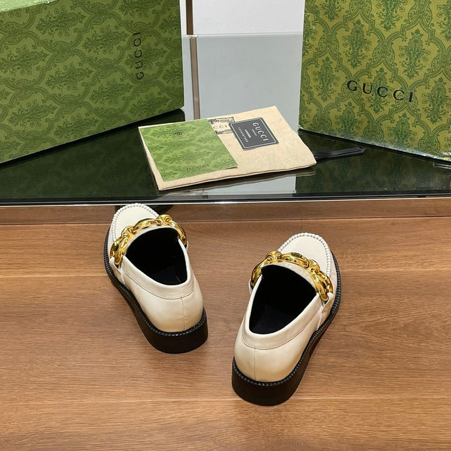 GG LOAFER SHOES IN WHITE CALFSKIN WITH GOLD HARDWARE