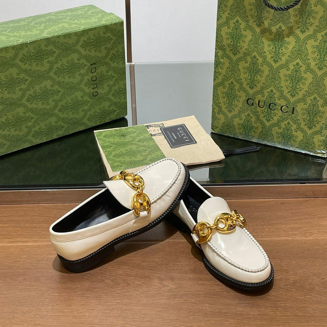 GG LOAFER SHOES IN WHITE CALFSKIN WITH GOLD HARDWARE