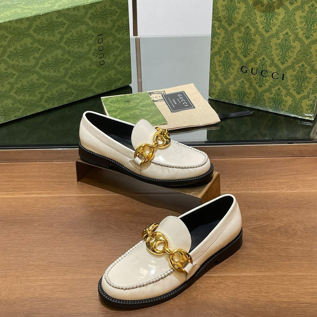 GG LOAFER SHOES IN WHITE CALFSKIN WITH GOLD HARDWARE
