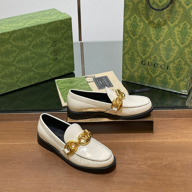GG LOAFER SHOES IN WHITE CALFSKIN WITH GOLD HARDWARE