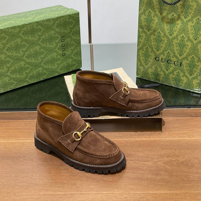 GG WOMEN'S HORSEBIT ANKLE BOOT IN DARK BROWN SUEDE