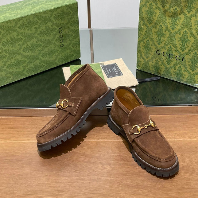 GG WOMEN'S HORSEBIT ANKLE BOOT IN DARK BROWN SUEDE