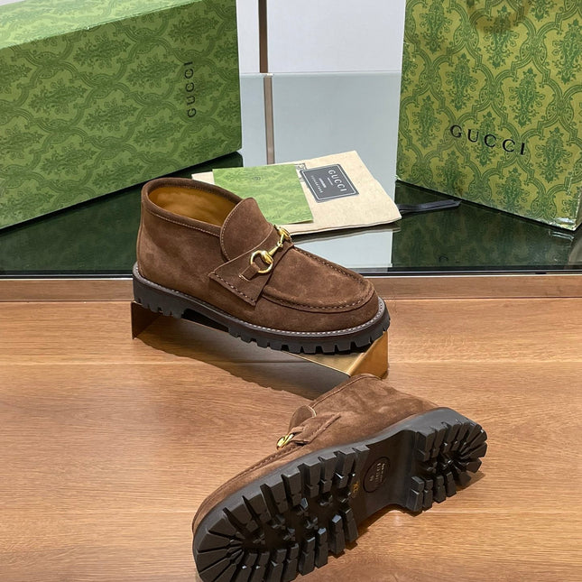 GG WOMEN'S HORSEBIT ANKLE BOOT IN DARK BROWN SUEDE