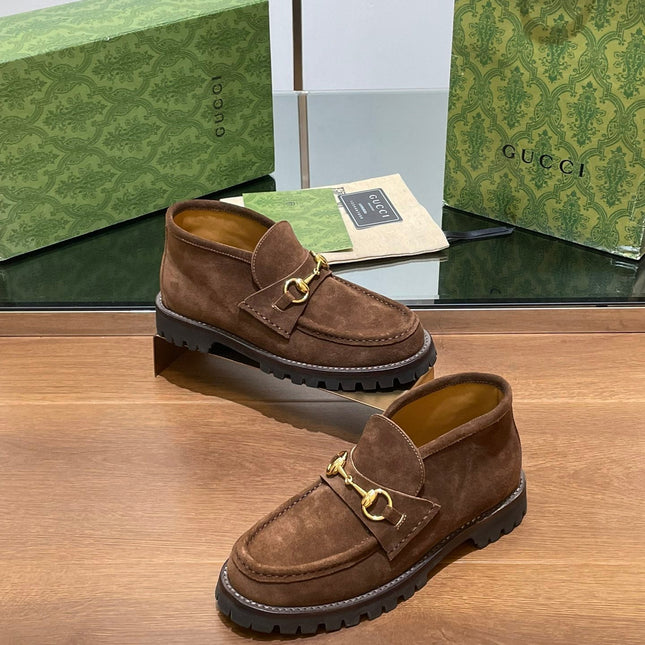 GG WOMEN'S HORSEBIT ANKLE BOOT IN DARK BROWN SUEDE