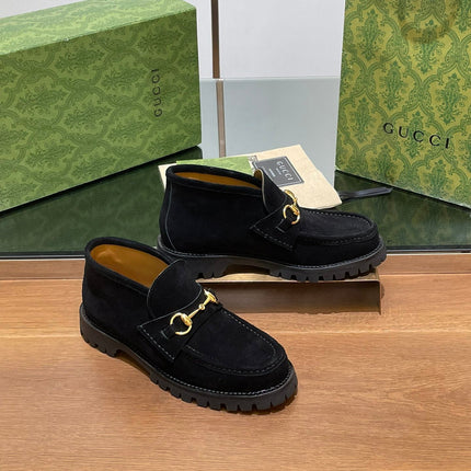 GG WOMEN'S HORSEBIT ANKLE BOOT IN BLACK SUEDE