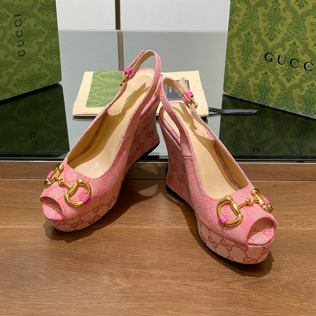 GG WEDGE PLATFORM IN LIGHT PINK MONOGRAM JACQUARD FABRIC