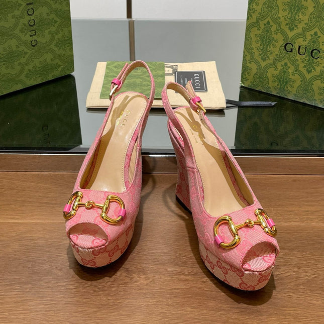 GG WEDGE PLATFORM IN LIGHT PINK MONOGRAM JACQUARD FABRIC