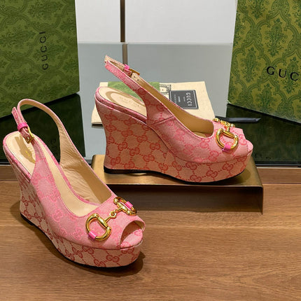 GG WEDGE PLATFORM IN LIGHT PINK MONOGRAM JACQUARD FABRIC
