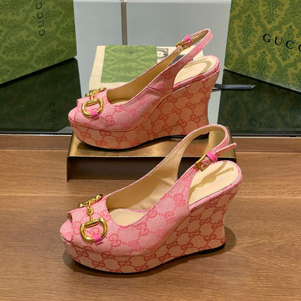 GG WEDGE PLATFORM IN LIGHT PINK MONOGRAM JACQUARD FABRIC