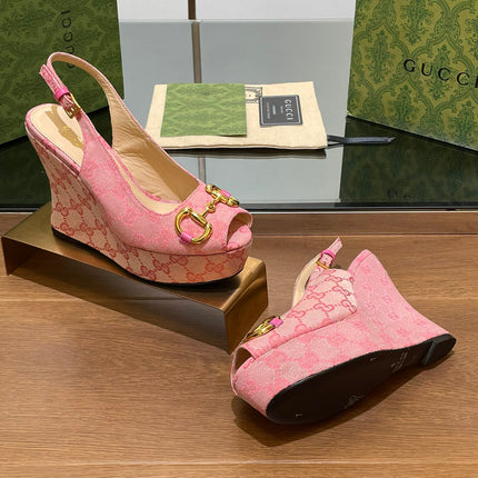 GG WEDGE PLATFORM IN LIGHT PINK MONOGRAM JACQUARD FABRIC