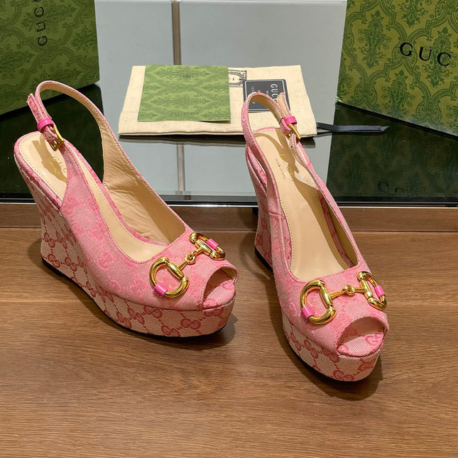 GG WEDGE PLATFORM IN LIGHT PINK MONOGRAM JACQUARD FABRIC