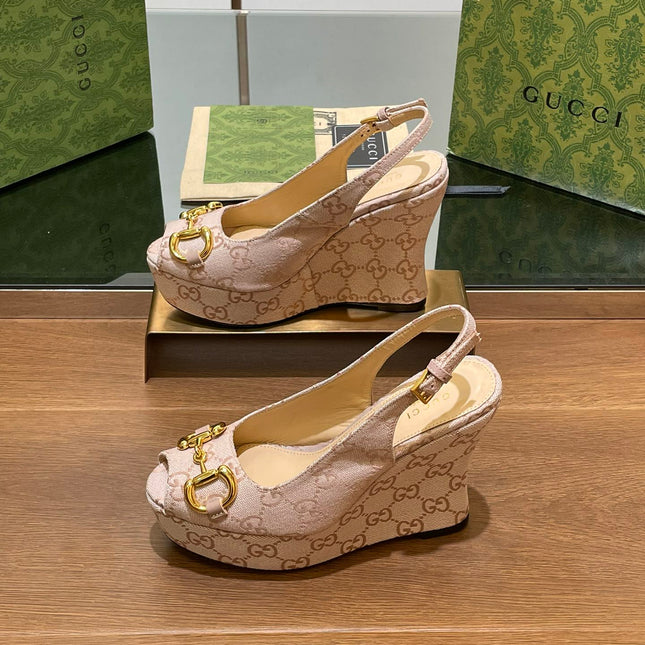 GG WEDGE PLATFORM IN ALMOND BEIGE MONOGRAM JACQUARD FABRIC