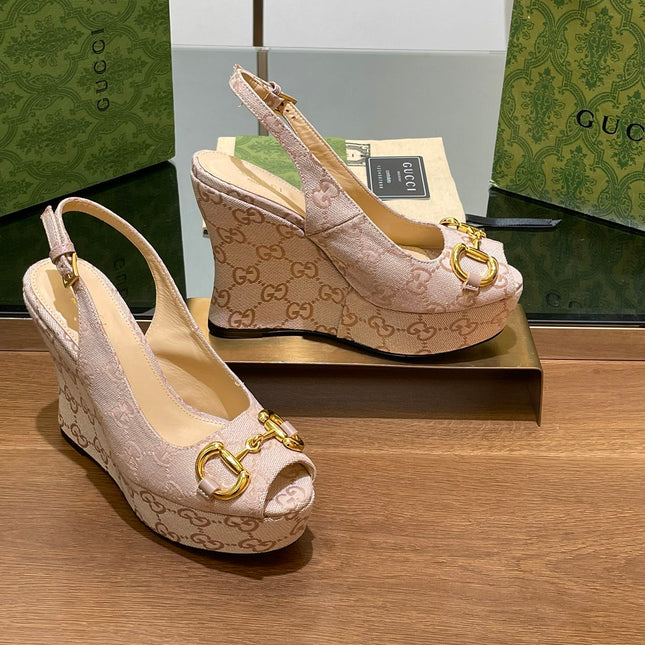 GG WEDGE PLATFORM IN ALMOND BEIGE MONOGRAM JACQUARD FABRIC